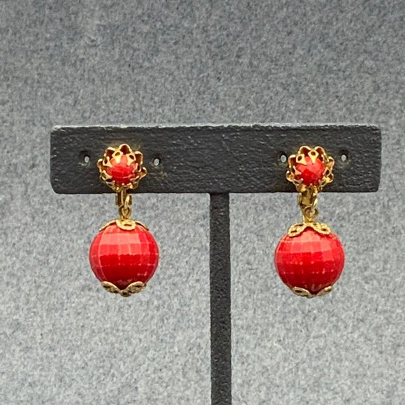 Jewelry - Vintage Clip On Earrings As Is Dangle Red Faceted Gold Filagree